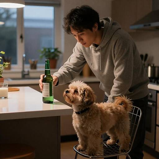 Man and Dog in Cozy Kitchen Scene