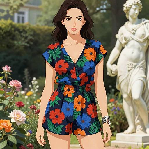 Digital illustration of a dark-haired woman in a vibrant blue floral romper, standing in a garden with a white statue and colorful flowers in the background.