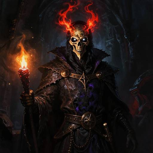 Digital artwork of a dark, skeletal figure with glowing red horns, holding a flaming torch in a shadowy, eerie forest.