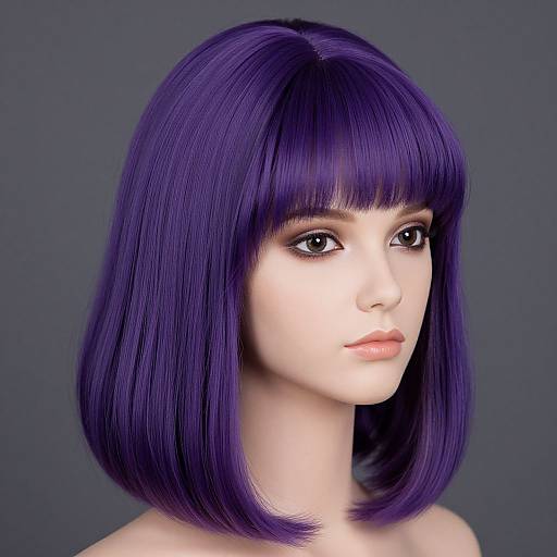 Photorealistic digital portrait of a woman with a vivid, straight, shoulder-length purple bob, pale skin, and subtle makeup, against a dark gray