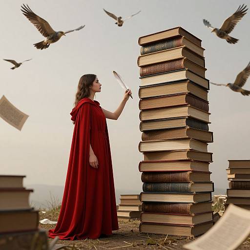 Photograph of a woman in a red cloak, holding a quill, standing beside a tall stack of books with birds flying around, on a grass