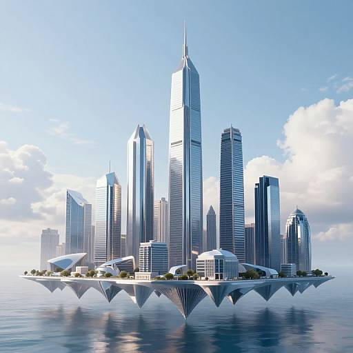 Photorealistic CGI of a futuristic cityscape with sleek, towering skyscrapers and a white, wave-like bridge over calm blue water.