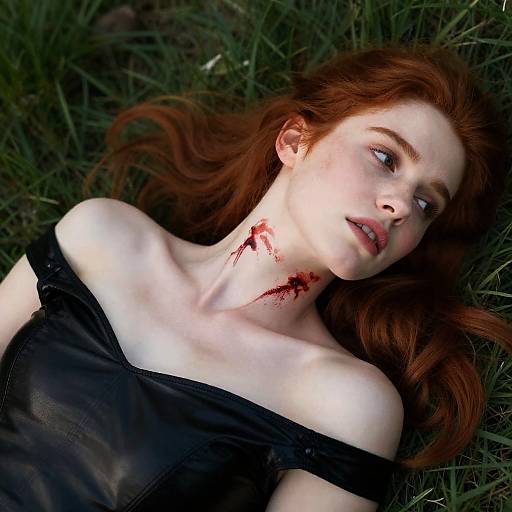 Redheaded Woman with Neck Wounds Lying on Grass