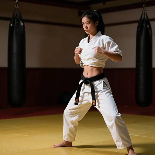 Photograph of an Asian woman in a white karate gi with black belt, standing in a ready stance on a yellow mat, in a dimly