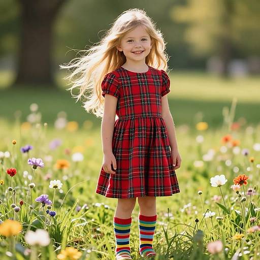 Sunlit Girl in Plaid Dress