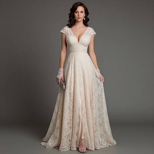 Photograph of a fair-skinned woman with dark curly hair, wearing a white lace wedding gown with a deep V-neck, holding a clutch, standing