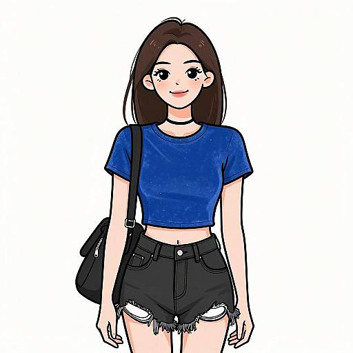 Digital illustration of a smiling young woman with long brown hair, wearing a blue crop top, black high-waisted shorts, and a black choker