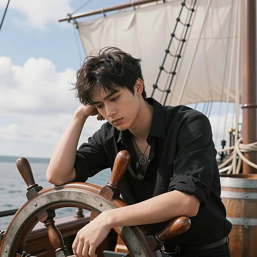 Somber Young Man at Ship's Wheel