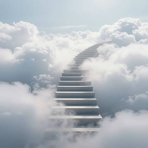 Photograph-like digital art of a sleek, ascending staircase shrouded in white, fluffy clouds against a bright blue sky.