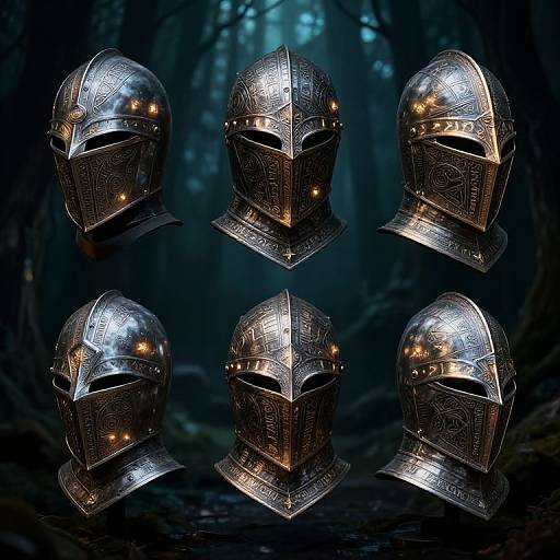 Photograph of five medieval silver helmets with intricate patterns, glowing yellow accents, displayed in a dark, misty forest.