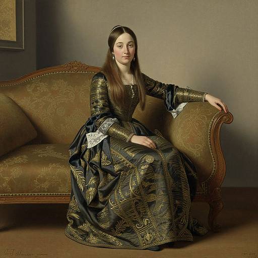 Photograph of a young woman with long brown hair, wearing an elaborate, gold-embroidered black dress, seated on an ornate, brown