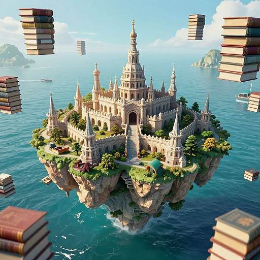 CGI fantasy image of a floating, castle-like island with spires, surrounded by floating stacks of books over a blue ocean.