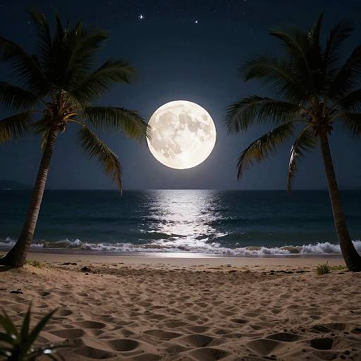 Photograph of a moonlit beach at night, with a bright full moon reflecting on the ocean, framed by two palm trees.