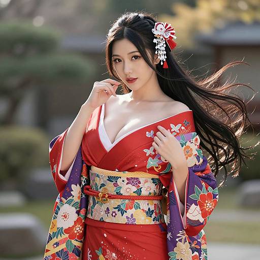 Photograph of an Asian woman in a vibrant red floral kimono, long black hair, butterfly hairpin, sunlight, outdoor Japanese garden.