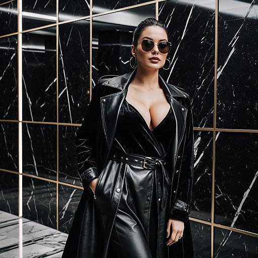 Stylish Woman in Black Leather Trench Coat