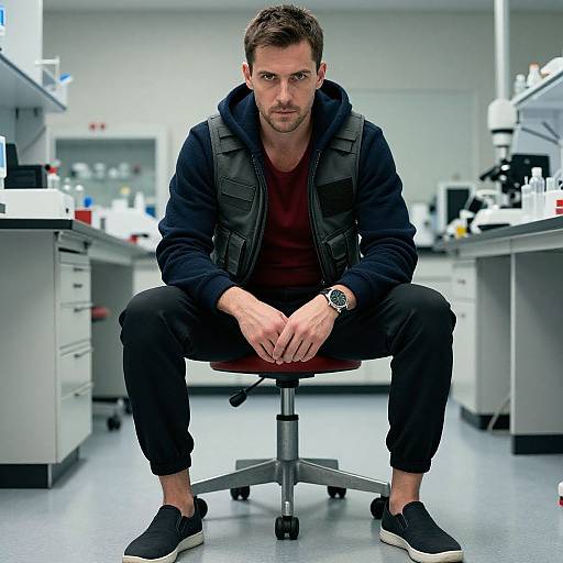 Photograph of a serious-looking, brown-haired man in a black vest, hoodie, and pants, sitting on a lab stool in a modern, white