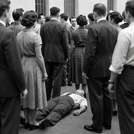 Black-and-white photograph of a 1950s crowd standing over a man lying unconscious on the ground, dressed in period clothing.