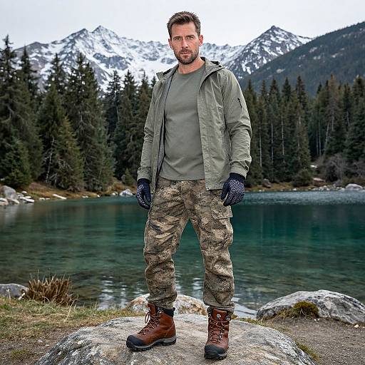 Bearded man in green jacket, camouflage pants, brown boots, and gloves stands by a mountain lake with snowy peaks and evergreen trees. Photoreal