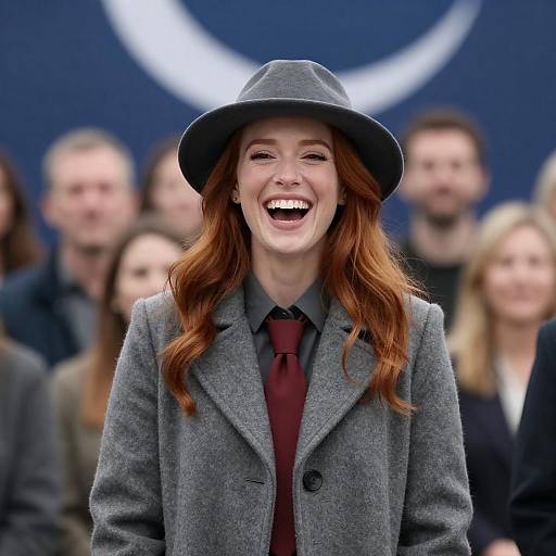 Joyful Red-Haired Woman in Gray Coat