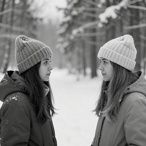 Two Women Facing Each Other in Snowy Forest
