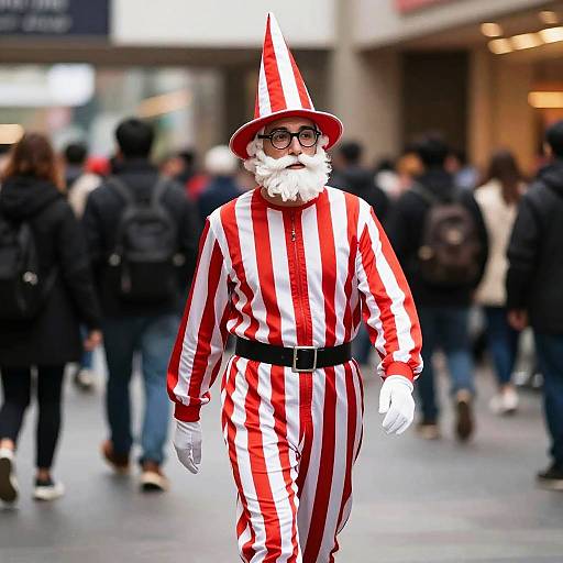 Photograph of a clown in red and white striped suit, white gloves, black belt, pointed hat, and glasses, walking through a busy urban street