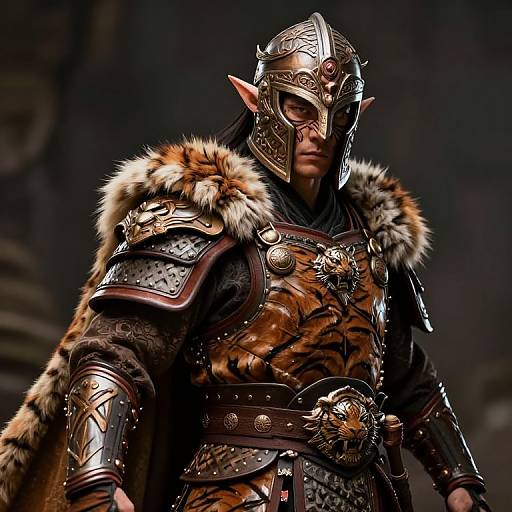 Photorealistic image of a stern, elven warrior in detailed, brown and metallic armor with fur trim, and intricate helmet, set against a dark