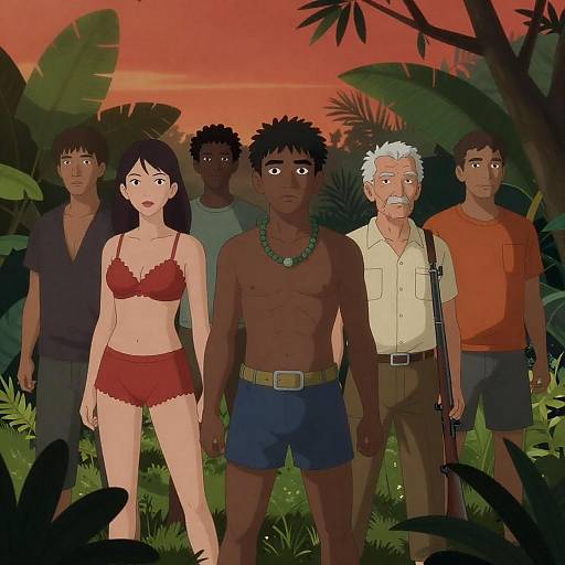 Group of People in Jungle at Sunset