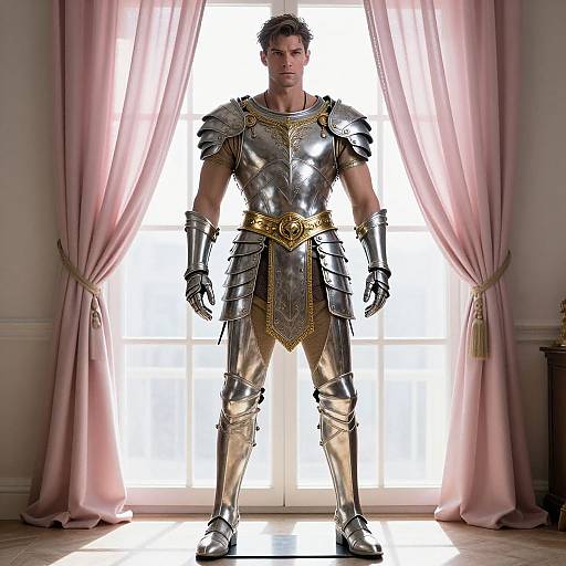 Photograph of a muscular man in shiny silver and gold medieval armor standing in front of a bright window with pink curtains.