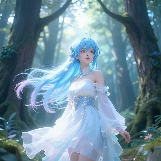 Photograph of a blue-haired woman in a glowing white, off-shoulder dress, standing in a mystical, sunlit forest with ethereal light