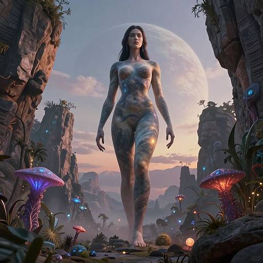Digital art of a nude, ethereal woman with a glowing, tattoo-like pattern, walking through a fantastical, luminescent forest with glowing mushrooms