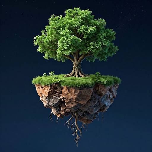 Digital artwork of a lush, green tree with thick foliage floating on a rocky, grass-covered island in a dark, starry sky.