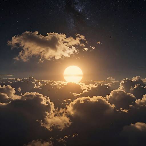 Photograph of a glowing sunset behind fluffy, illuminated clouds, with a starry night sky above, creating a breathtaking celestial scene.