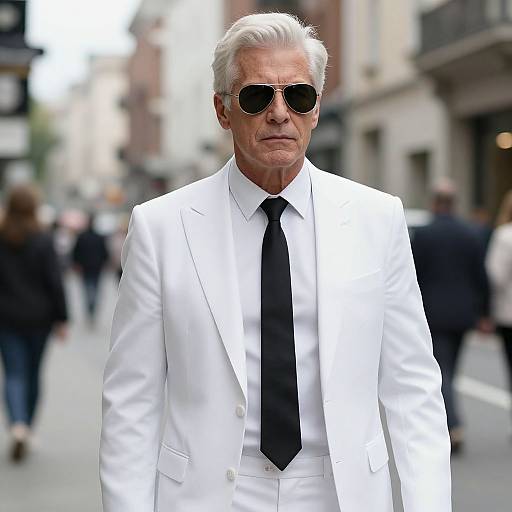 Photograph of an elderly man with white hair, wearing a white suit, black tie, and sunglasses, walking down a blurred urban street.