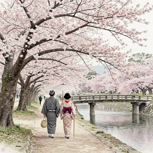 Photograph of two Japanese people in traditional kimonos walking under pink cherry blossom trees, crossing a wooden bridge over a river.