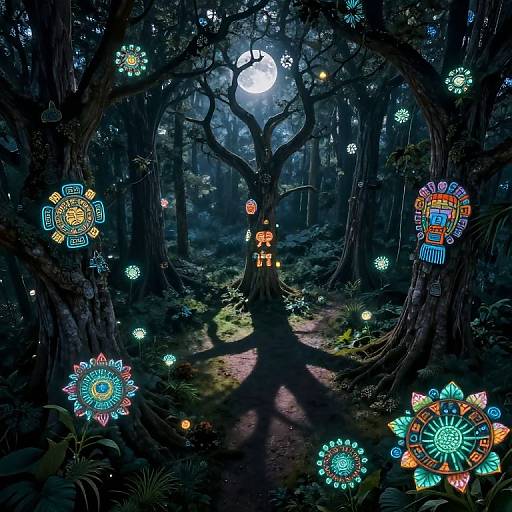 Digital art: Enchanted forest at night, glowing floral lights around a shadowy, leafy tree with a small, glowing house in the center