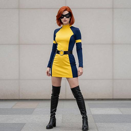 Female Superhero in Yellow and Navy Blue Dress