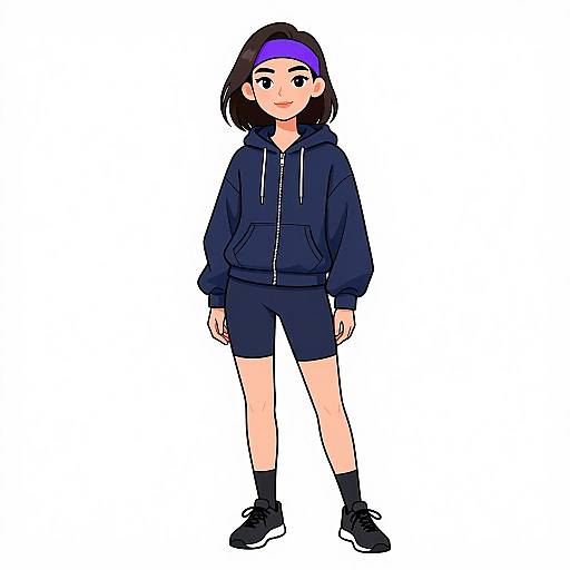 Digital anime-style drawing of a young girl with medium-length black hair, wearing a purple headband, navy hoodie, black shorts, socks, and black