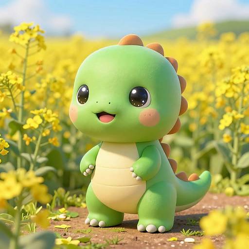 Cute, green, chubby, cartoon baby dinosaur with orange spines, large black eyes, and pink cheeks, standing in a bright yellow flower field