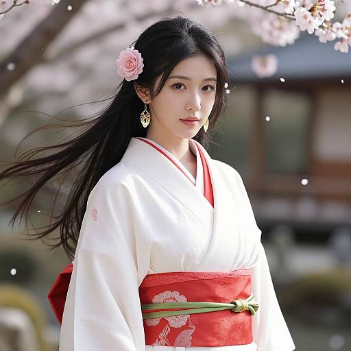 Photograph of an Asian woman with long black hair, wearing a white kimono with red obi, pink flower hairpin, and gold earrings,