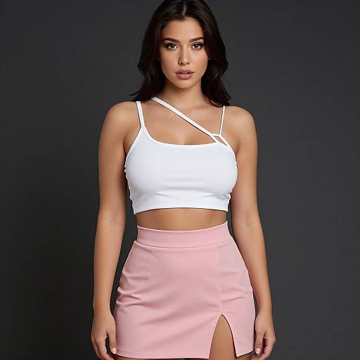 Photograph of a young woman with medium brown skin and long black hair, wearing a white crop top with a single strap, and a high-wa