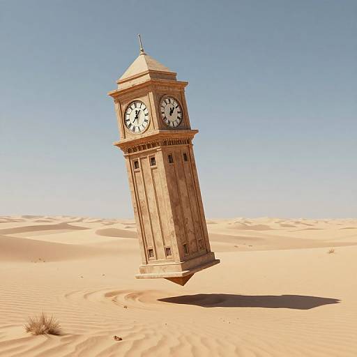 Photograph of a wooden clock tower tilted in a vast, sunlit desert with orange sand dunes and a clear blue sky.