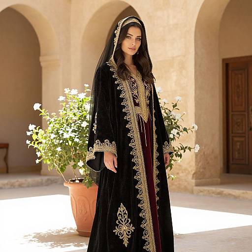 Elegant Woman in Sunlit Courtyard