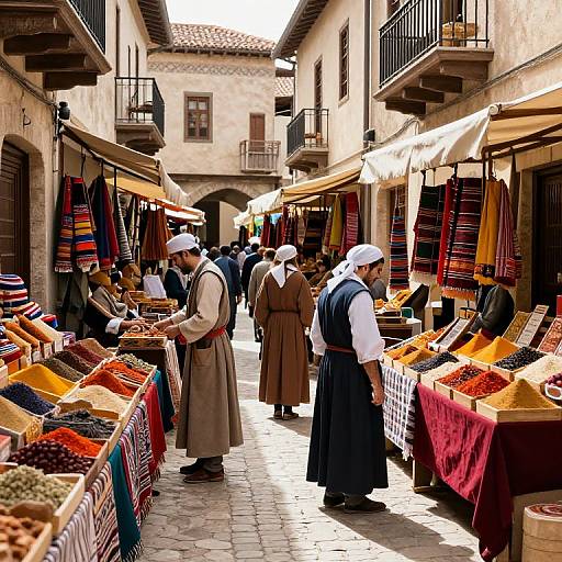 Photograph of a bustling outdoor market with vendors in traditional Spanish clothing, colorful textiles, and customers browsing spice stalls in a narrow, sunlit alleyway
