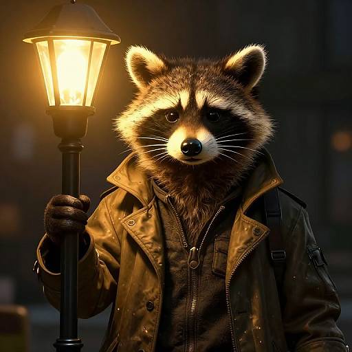 Photorealistic CGI of an anthropomorphic raccoon in a dark leather jacket, holding a glowing streetlamp, with a moody, nighttime city background