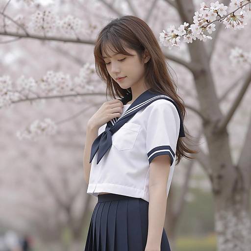 Dreamy Asian Woman Among Cherry Blossoms
