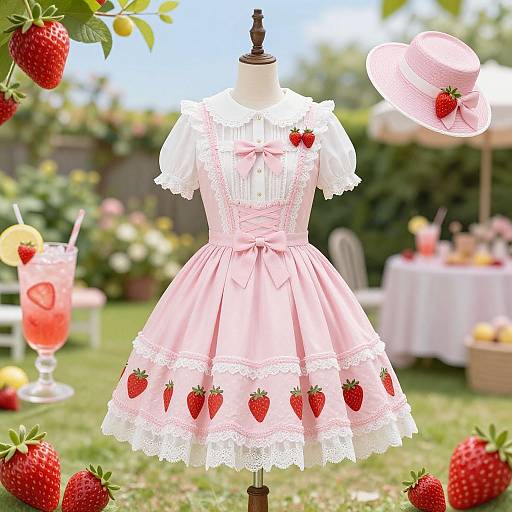 Photograph of a pink strawberry-adorned vintage dress on a mannequin, paired with a pink hat, in a sunny garden with strawberries,