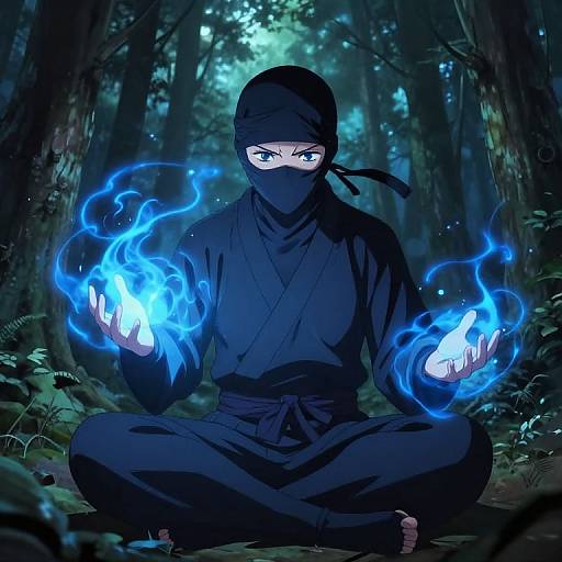 Digital anime-style drawing of a ninja with glowing blue fire in his hands, sitting cross-legged in a dark, misty forest.