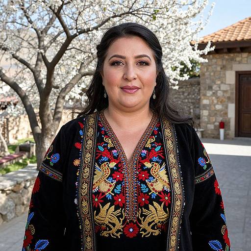 Photograph of a smiling Latina woman with long black hair, wearing an intricately embroidered black traditional dress, standing in front of a stone building with blo