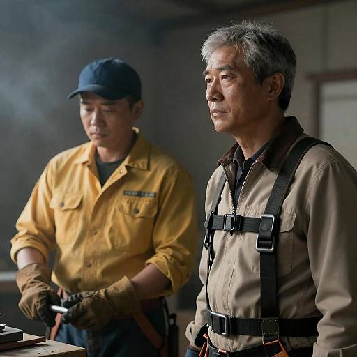 Dimly Lit Workshop: Two Focused Men