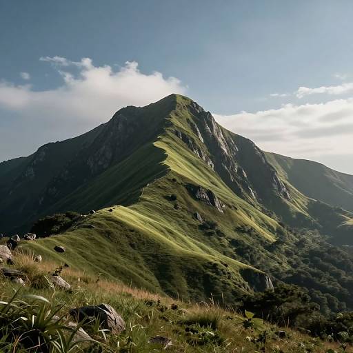 Photograph of a sunlit, green, grassy mountain peak with rugged textures, shadowed slopes, and a bright blue sky with scattered clouds.